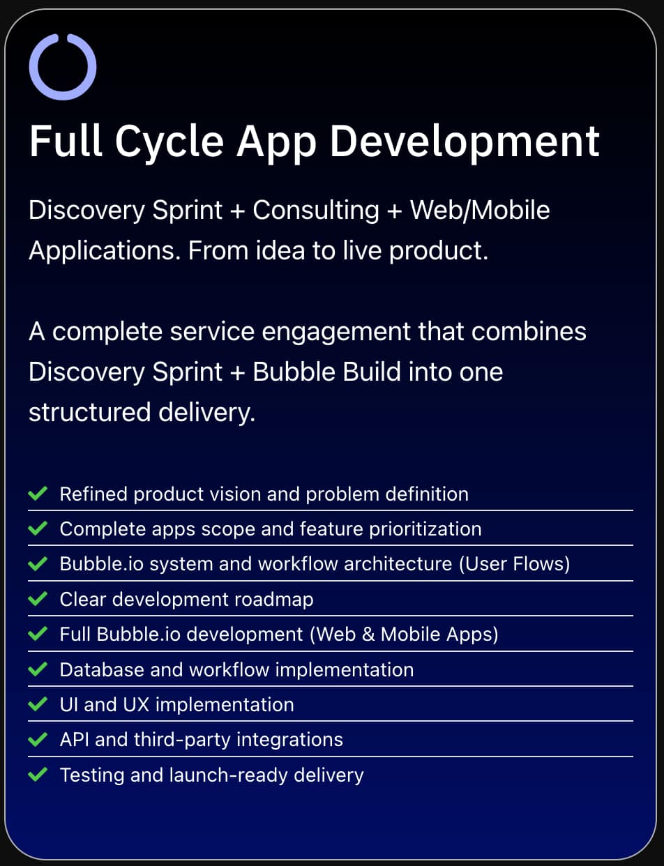 Productised Service - Full Cycle Web + Mobile App Development in Bubble.io